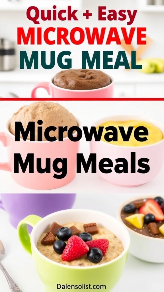 Various microwave mug meals including a chocolate mug cake, cheesy omelet, and oatmeal with fruits.